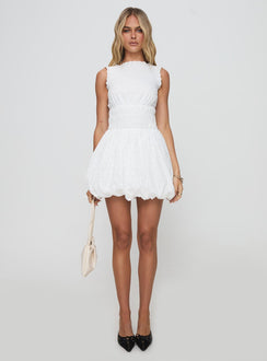 front view of model wearing Princess Polly Vittoria Bubble Hem Mini Dress White High Neck 