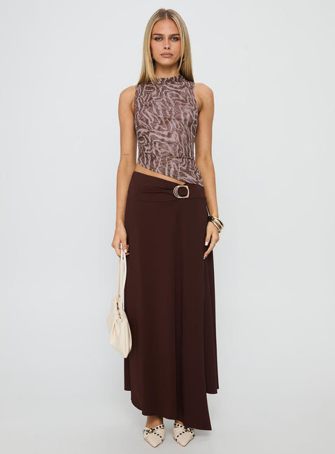   side view of model wearing Princess Polly Nola Hardware Slit Maxi Skirt Brown Maxi 