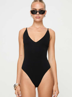 Black Bodysuit Deep v neckline, fixed shoulder straps, high cut leg, cheeky style bottom, press clip fastening
