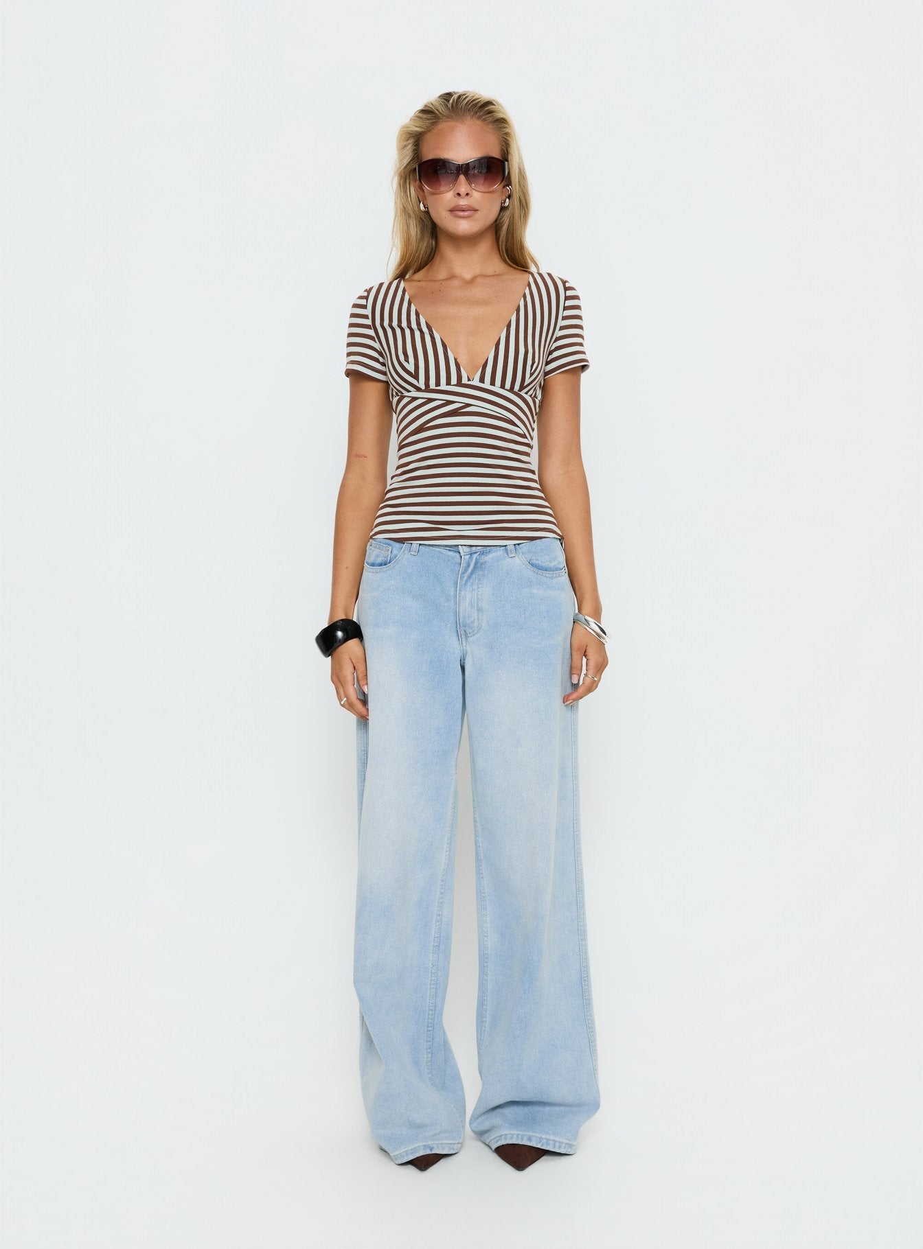 Madelon Short Sleeve Wrap Top Brown / Blue Stripe