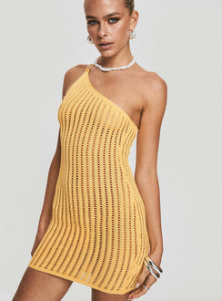 Yellow Mini dress Crochet material, one shoulder style, fixed straps