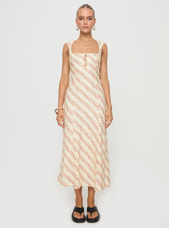 front view of model wearing Princess Polly Chosen Girl Linen Blend Midi Dress Multi Square Neck 