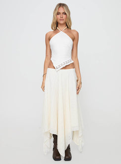 front view of model wearing Princess Polly Taisil Top White Sleeveless Asymmetric Neckline 