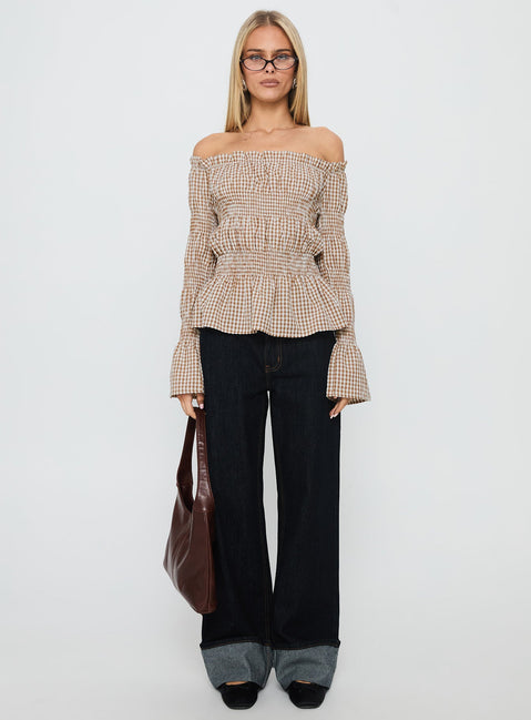 Kaitlynne Off Shoulder Long Sleeve Top Brown Check