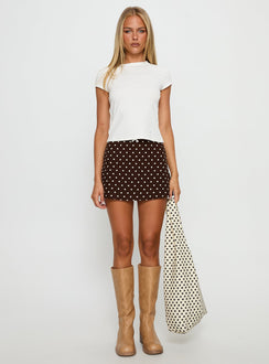   front view of model wearing Princess Polly Tejano Mini Skirt Brown Polka Dot Mini Skirts 