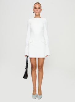 front view of model wearing Princess Polly Carters Long Sleeve Mini Dress White Petite High Neck 