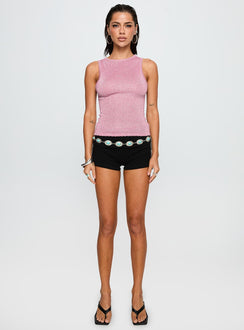 side view of model wearing Princess Polly No Pretending Top Pink Glitter Sleeveless Crew Neck 