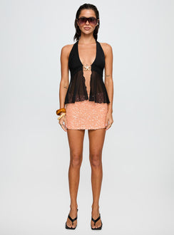 front view of model wearing Princess Polly Electrified Hardware Detail Top Black Sleeveless Plunger 