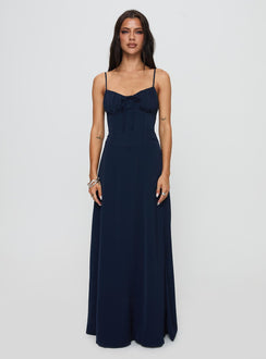 front view of model wearing Princess Polly Eleanora Maxi Dress Navy Sweetheart Neckline 