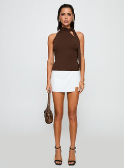 side view of model wearing Princess Polly Mathias Top Chocolate Sleeveless High Neck 