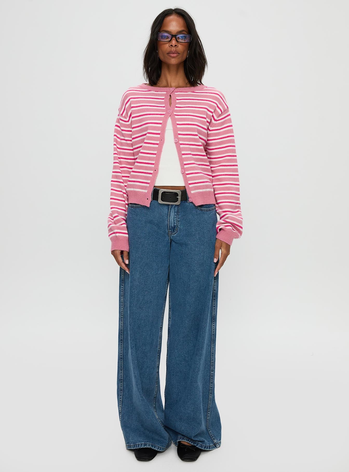 front view of model wearing Princess Polly Heavenly Dream Cardigan Pink Stripe Cropped 