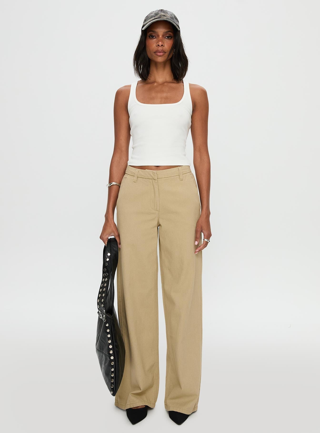 front view of model wearing Princess Polly Latitude Wide Leg Pant Beige High Waisted 