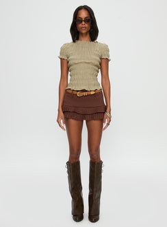 front view of model wearing Princess Polly Romelle Shirred Top Green / Brown Plaid Short Sleeves Crew Neck 