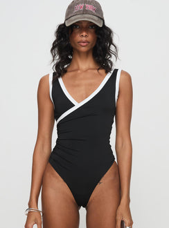 front view of model wearing Princess Polly Fiorah Bodysuit Black / White Sleeveless 