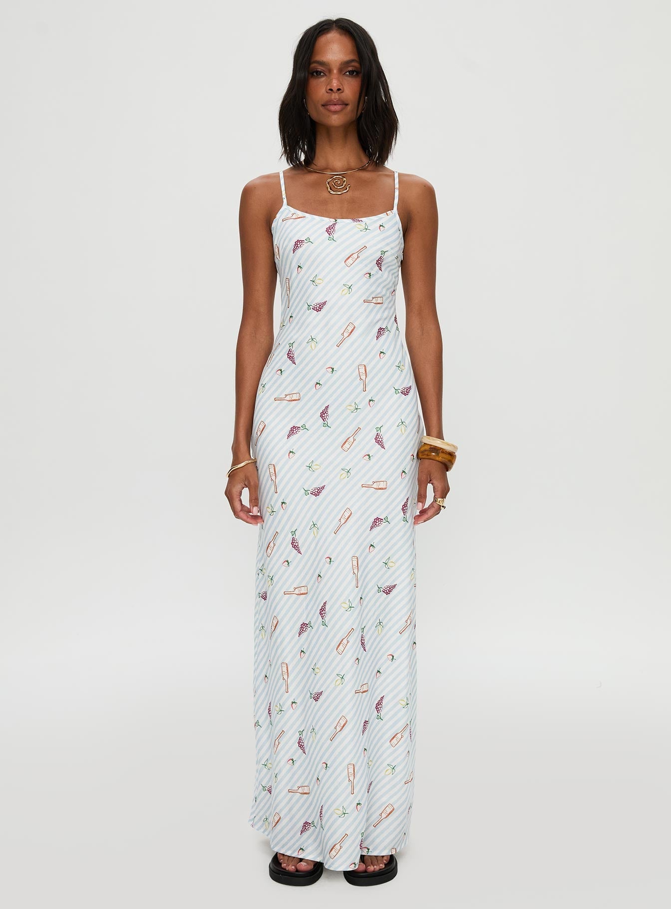 front view of model wearing Princess Polly Charcuterie Maxi Dress Blue Scoop Neck 