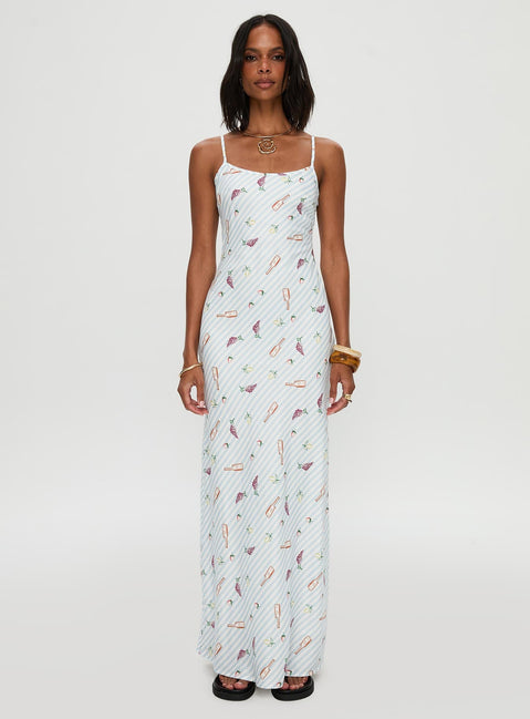 front view of model wearing Princess Polly Charcuterie Maxi Dress Blue Scoop Neck 