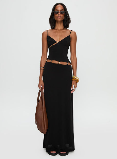 side view of model wearing Princess Polly Allspice Beaded Maxi Dress Black Plunger 