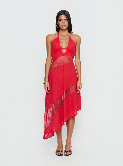 Down With Love Asymmetrical Midi Dress Red
