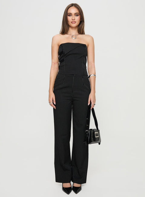Pinstriped pants High rise fit, button & clasp fastening, twin hip pockets Non-stretch material, unlined 