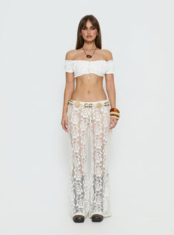 side view of model wearing Princess Polly Rosadonna Lace Flare Pants Cream Mid Rise Pants 