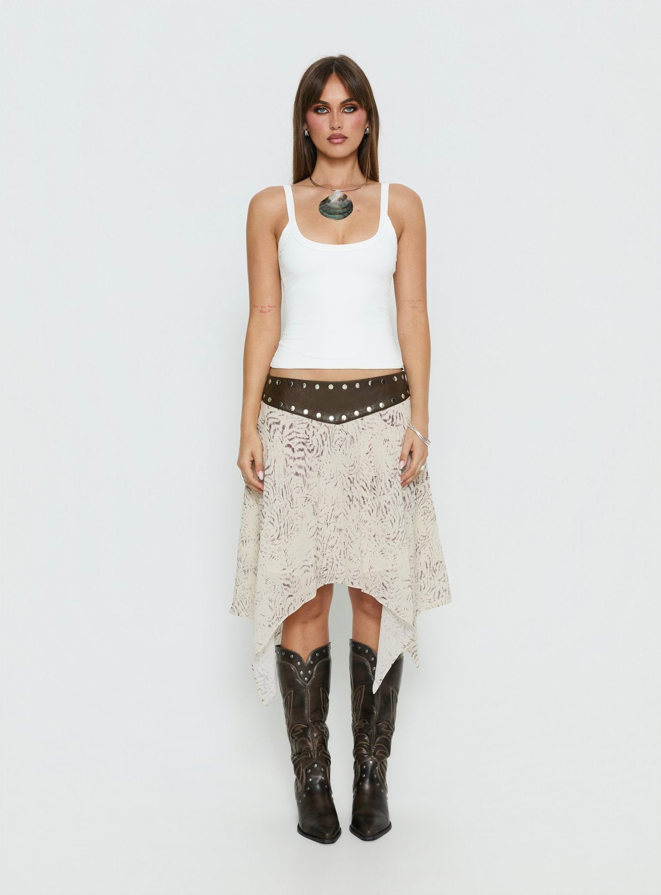   front view of model wearing Princess Polly Dark Mirage Asymmetrical Midi Skirt Multi Midi Skirts 