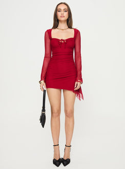 Long sleeve mini dress Mesh material, sweetheart neckline, key hole cut out at bust, ruching detail Good stretch, fully lined  Princess Polly Lower Impact 