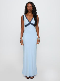 front view of model wearing Princess Polly Maelene Maxi Dress Blue V-Neck 