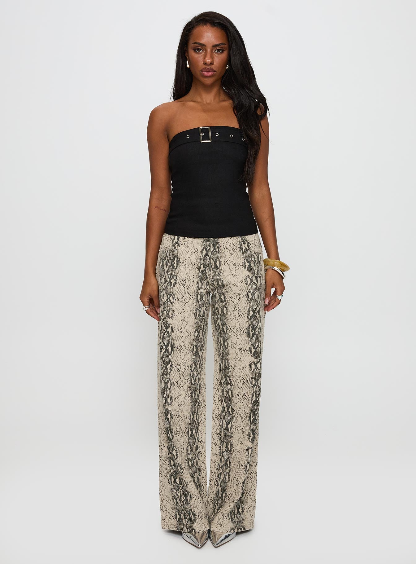 front view of model wearing Princess Polly Satellite Strapless Buckle Detail Top Black Sleeveless straight 