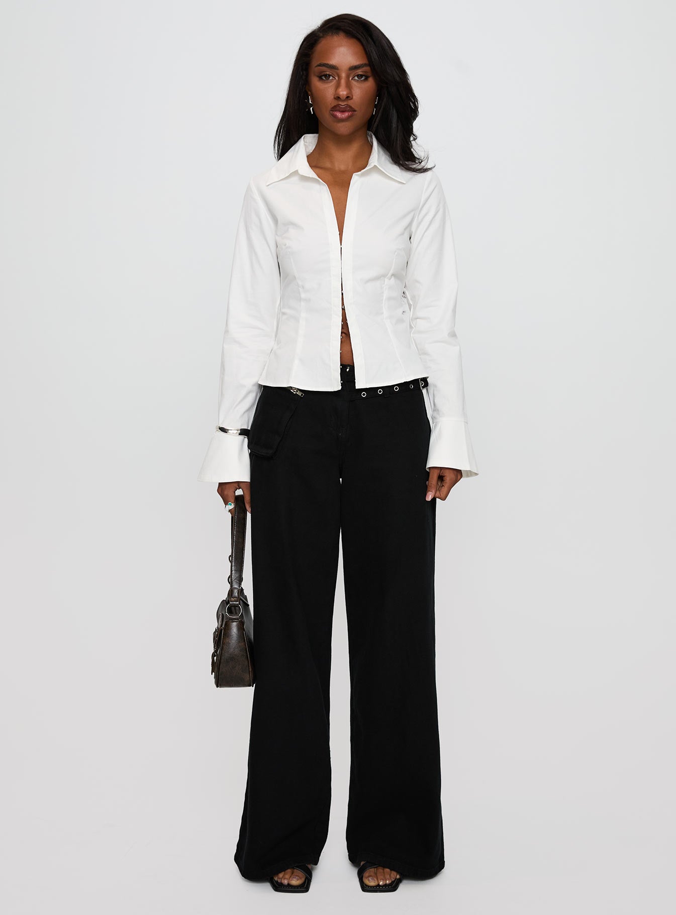 By The Phone Long Sleeve Collared Top White