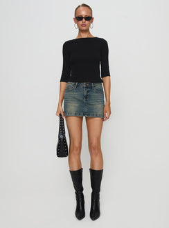 side view of model wearing Princess Polly Elaia 3/4 Sleeve Top Black Three Fourth Sleeves Crew Neck 