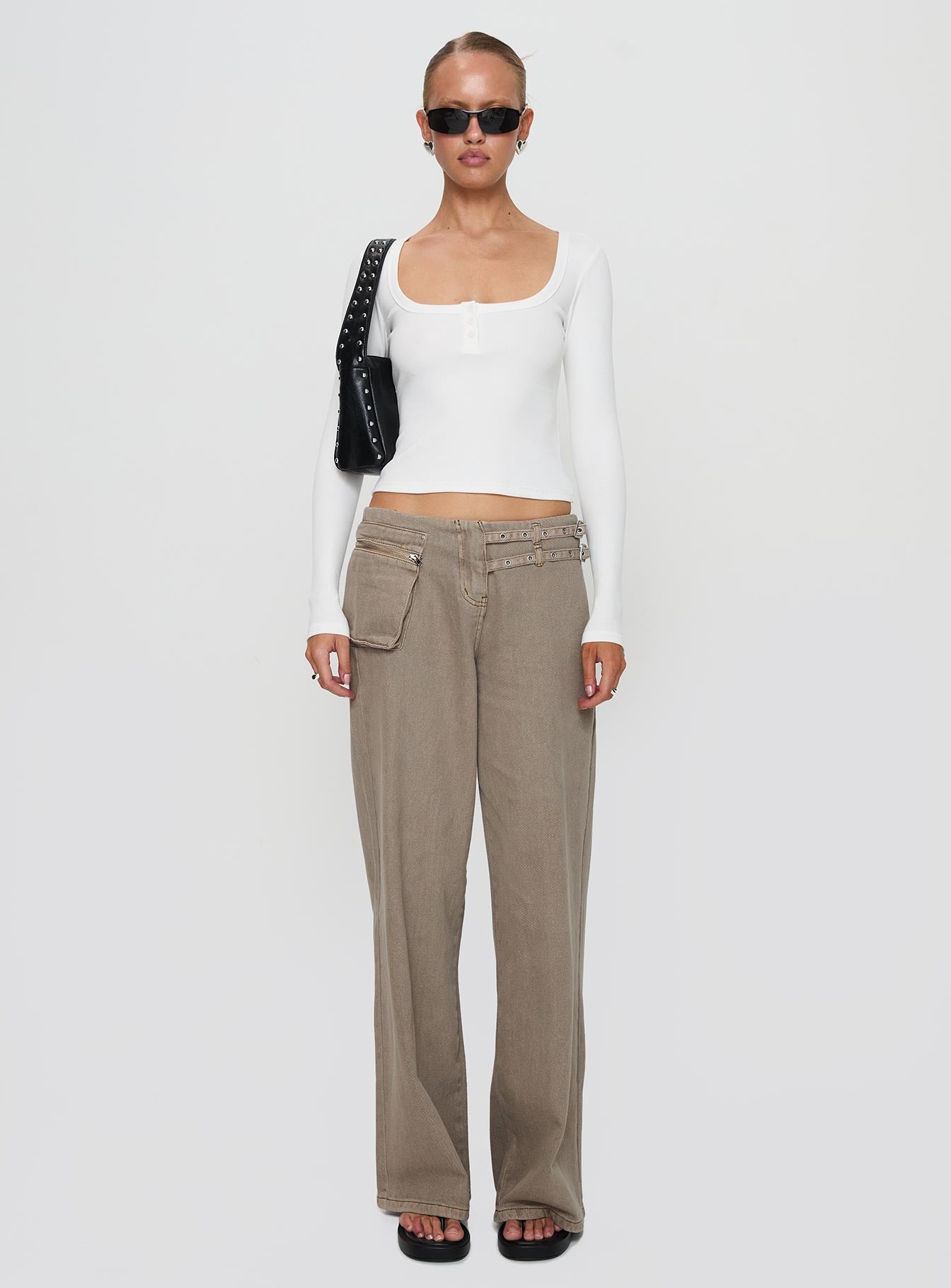 side view of model wearing Princess Polly Daphine Long Sleeve Top White Full Sleeves Scoop Neck 