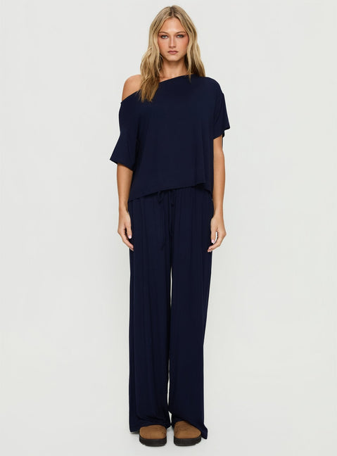 Cozy Hour Sleep Relaxed Off Shoulder Top Navy