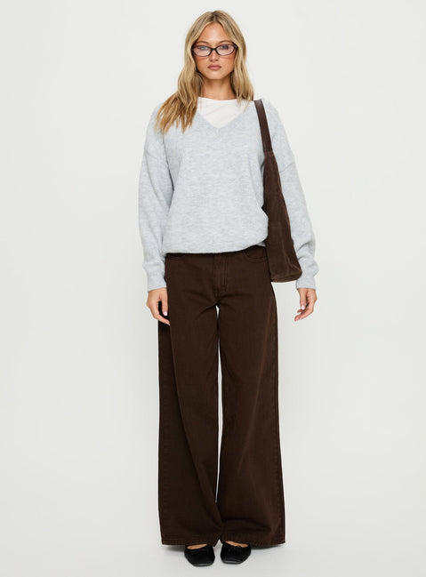 side view of model wearing Princess Polly Stay The Night V Neck Knit Sweater Grey Marle regular 