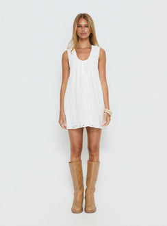 Eberta Ruched Baby Doll Mini Dress White Anglaise