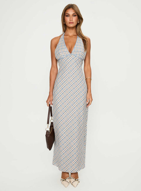 side view of model wearing Princess Polly Evienna Halter Maxi Dress Blue Check Plunger 