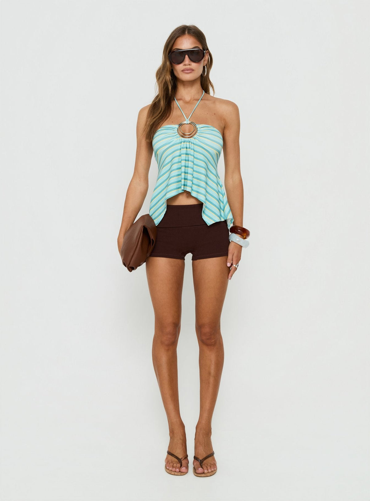 Betsey Ring Detail Tie Neck Top Blue Stripe