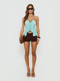 Betsey Ring Detail Tie Neck Top Blue Stripe