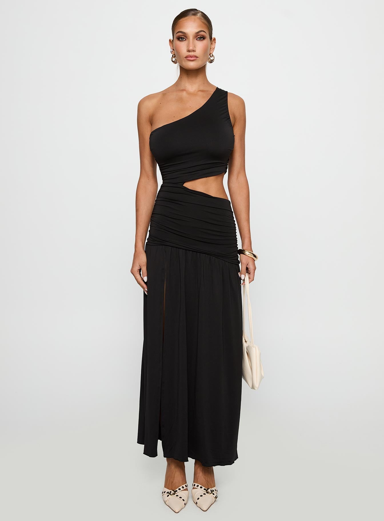 front view of model wearing Princess Polly Magnetize Ruched Maxi Dress Black Asymmetric Neckline 