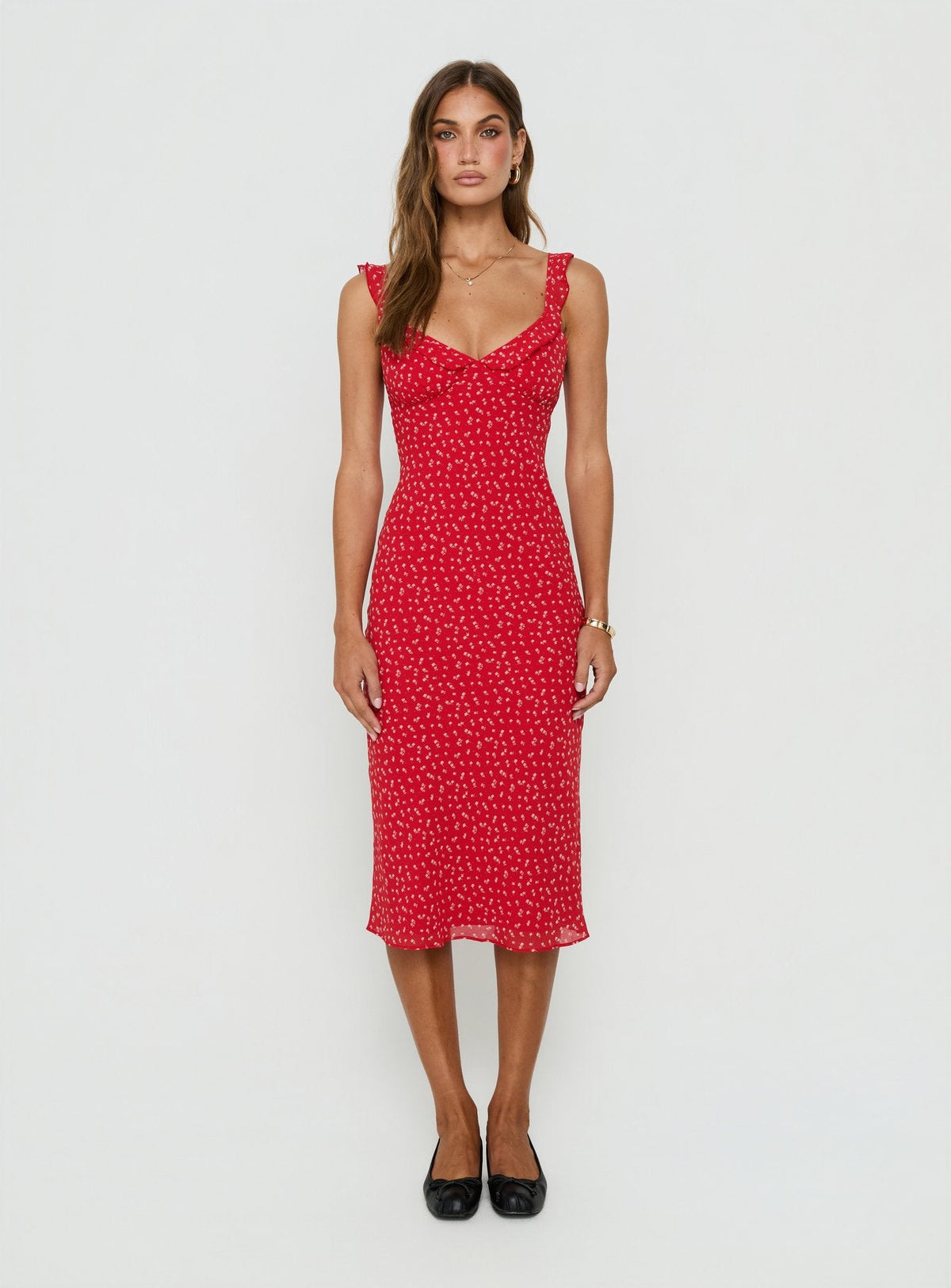 Lozie Frill V Neck Midi Dress Red Floral