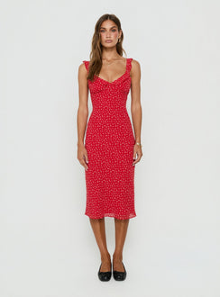 Lozie Frill V Neck Midi Dress Red Floral