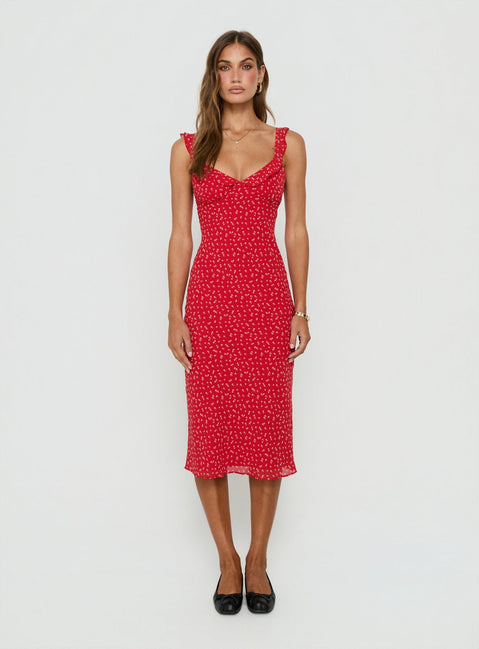 Lozie Frill V Neck Midi Dress Red Floral