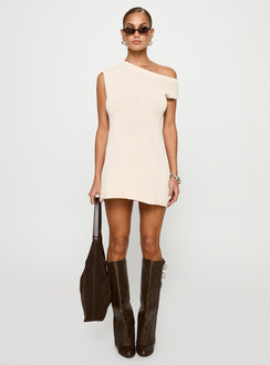 back view of model wearing Princess Polly Liberation Off The Shoulder Mini Dress White Asymmetric Neckline 