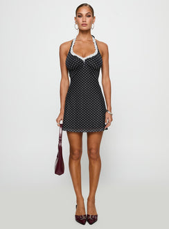 front view of model wearing Princess Polly Black Beauty Halter Mini Dress Black / Polka Plunger 