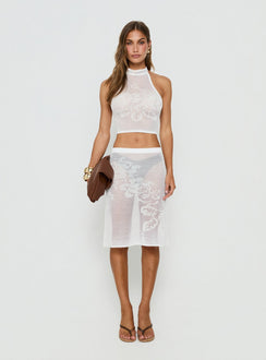 Velani Sheer Floral Detail Midi Skirt White