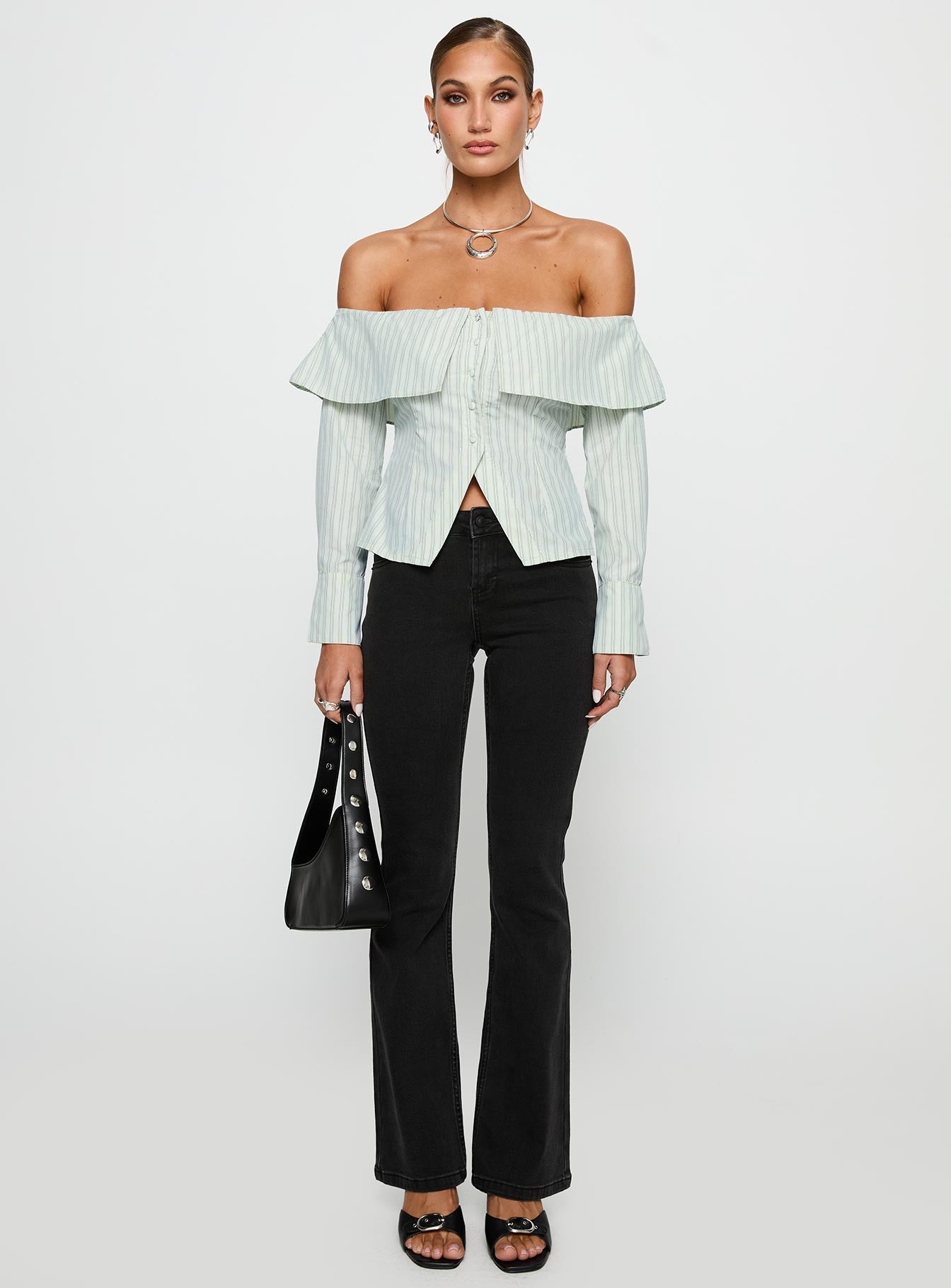 Another Hill Off Shoulder Top Green Stripe