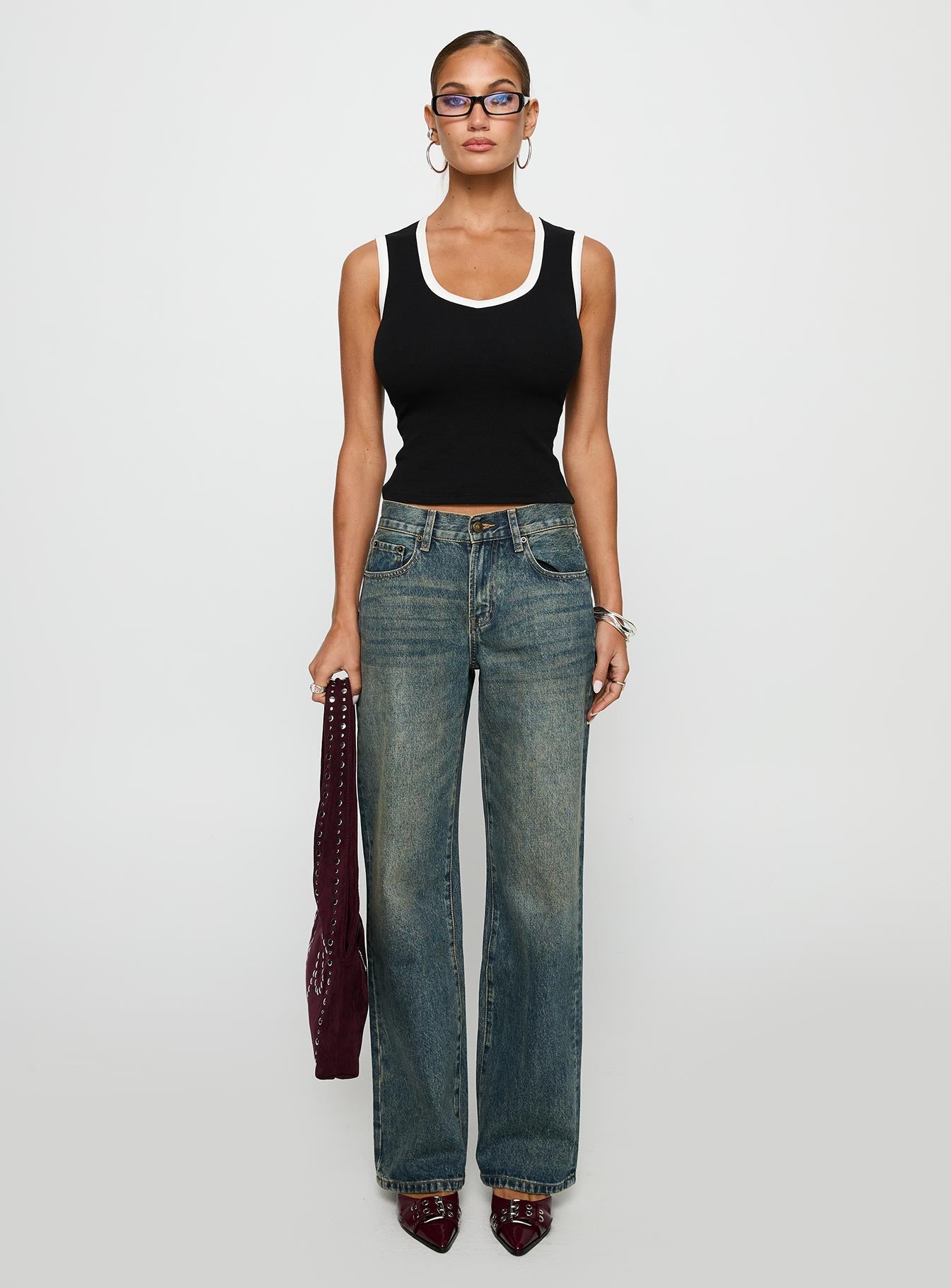 front view of model wearing Princess Polly Start Me Up Top Black / White Sleeveless Scoop Neck 