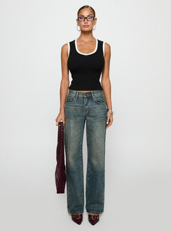 front view of model wearing Princess Polly Start Me Up Top Black / White Sleeveless Scoop Neck 