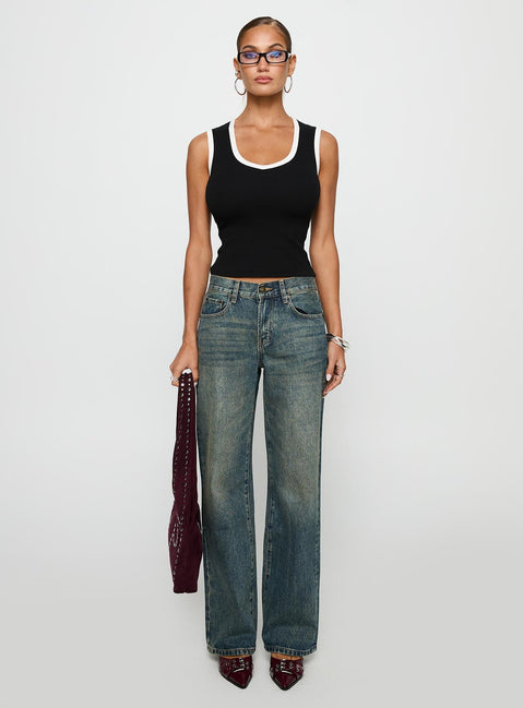 front view of model wearing Princess Polly Start Me Up Top Black / White Sleeveless Scoop Neck 