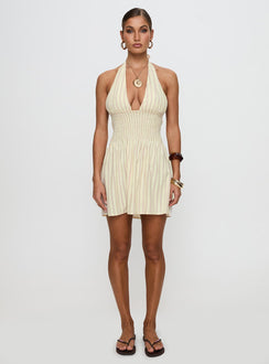 front view of model wearing Princess Polly Alivea Shirred Mini Dress Cream Plunger 