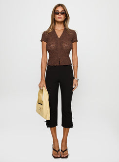 back view of model wearing Princess Polly Best Shot Collared Top Brown Short Sleeves V-Neck 